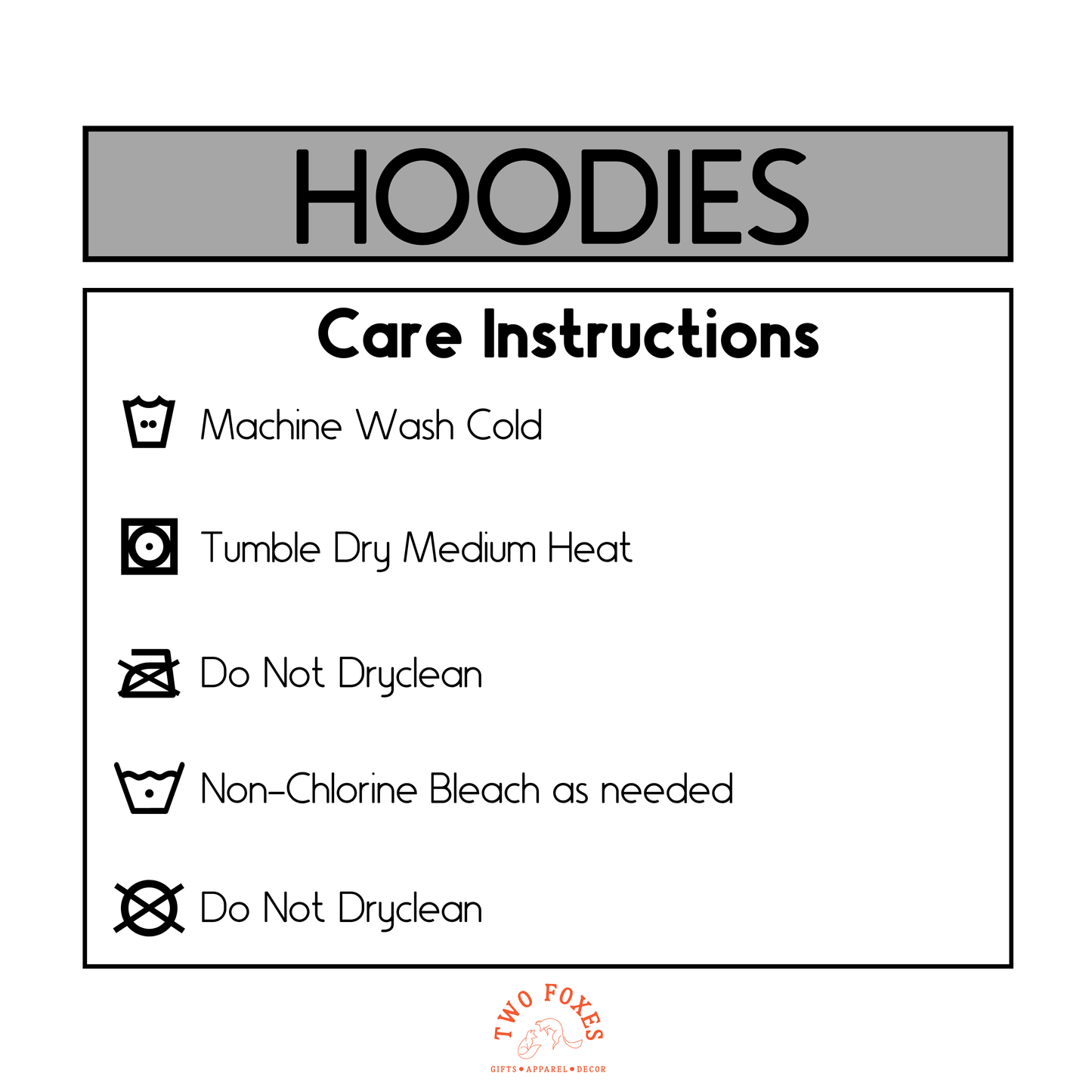 Care instructions label for hoodies with washing and drying symbols.
