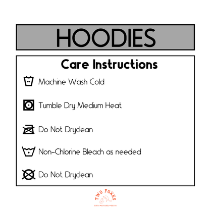 Care instructions label for hoodies with washing and drying symbols.