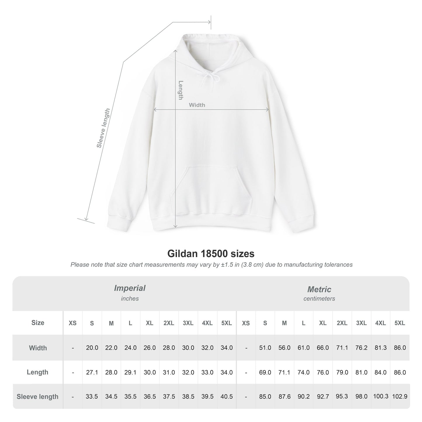 White Gildan 18500 hoodie with measurement chart on a white background