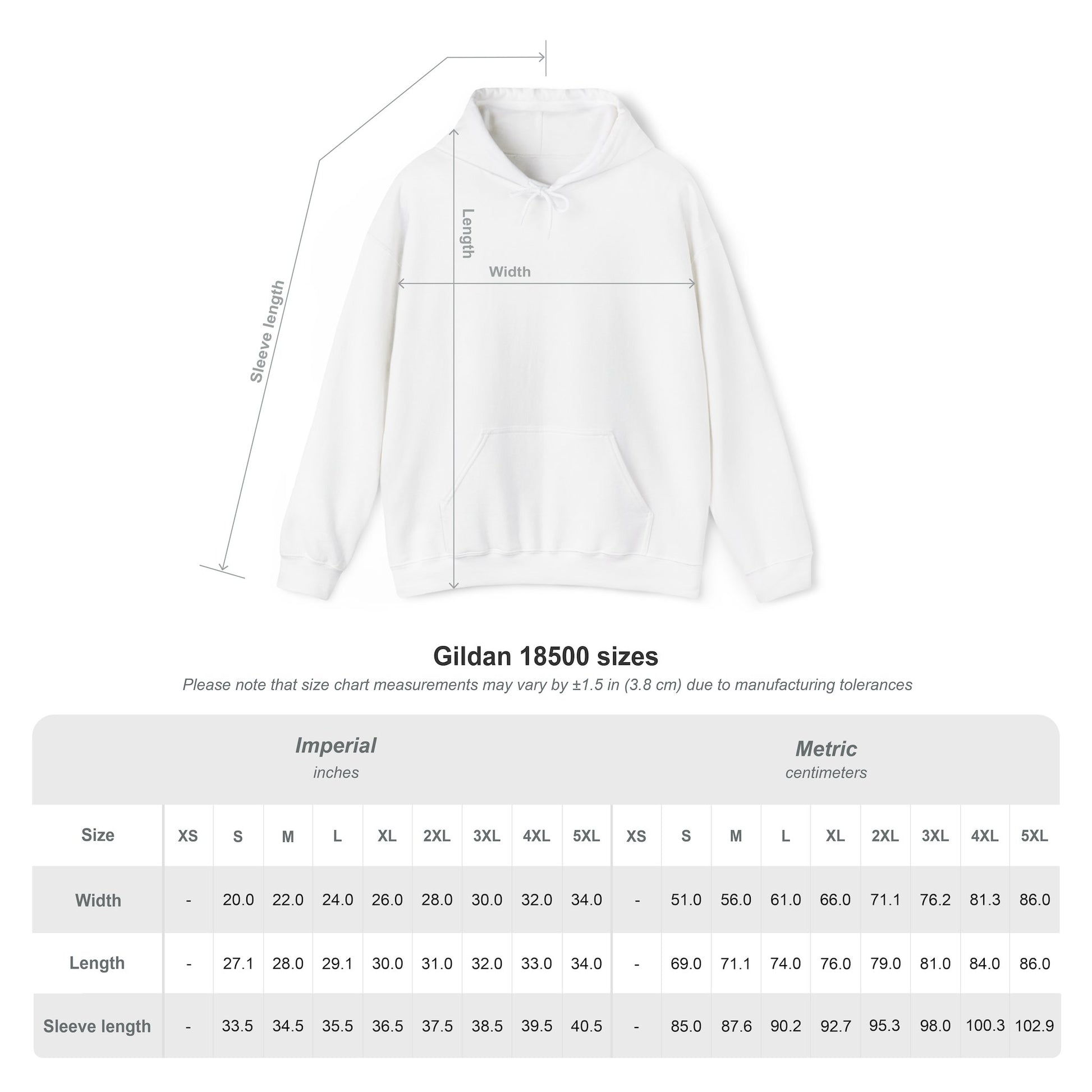 White Gildan 18500 hoodie with measurement chart on a white background