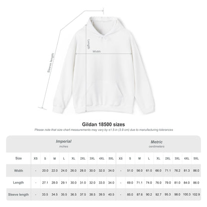 White Gildan 18500 hoodie with measurement chart on a white background