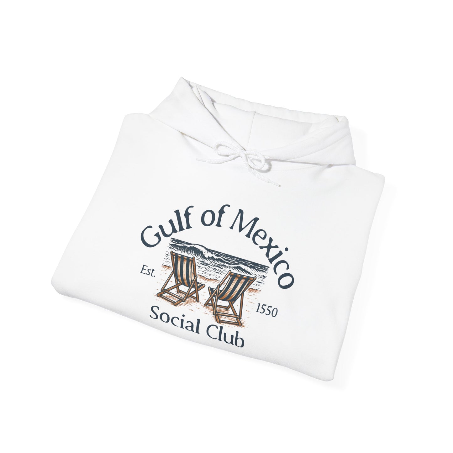 Folded white shirt with 'Gulf of Mexico Social Club' design on a white background