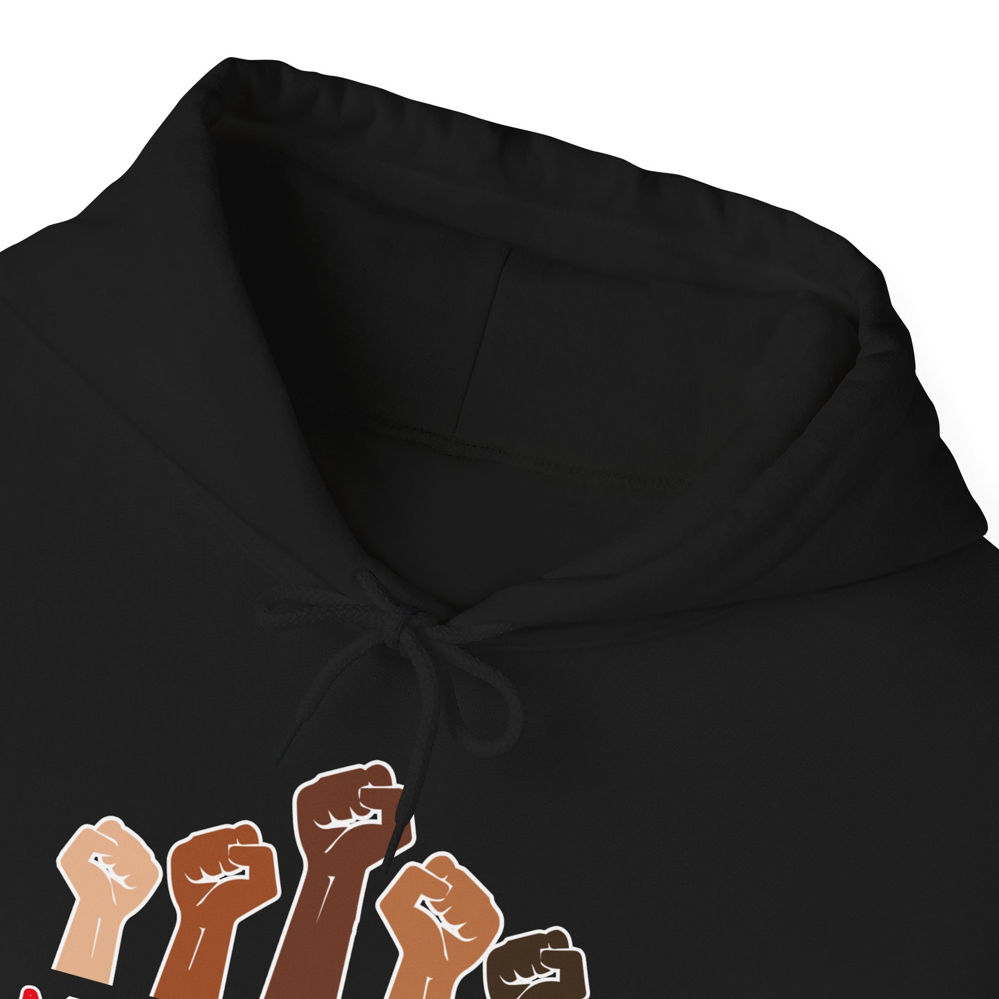 Black "Make good trouble" hoodie with raised fists design on a white background