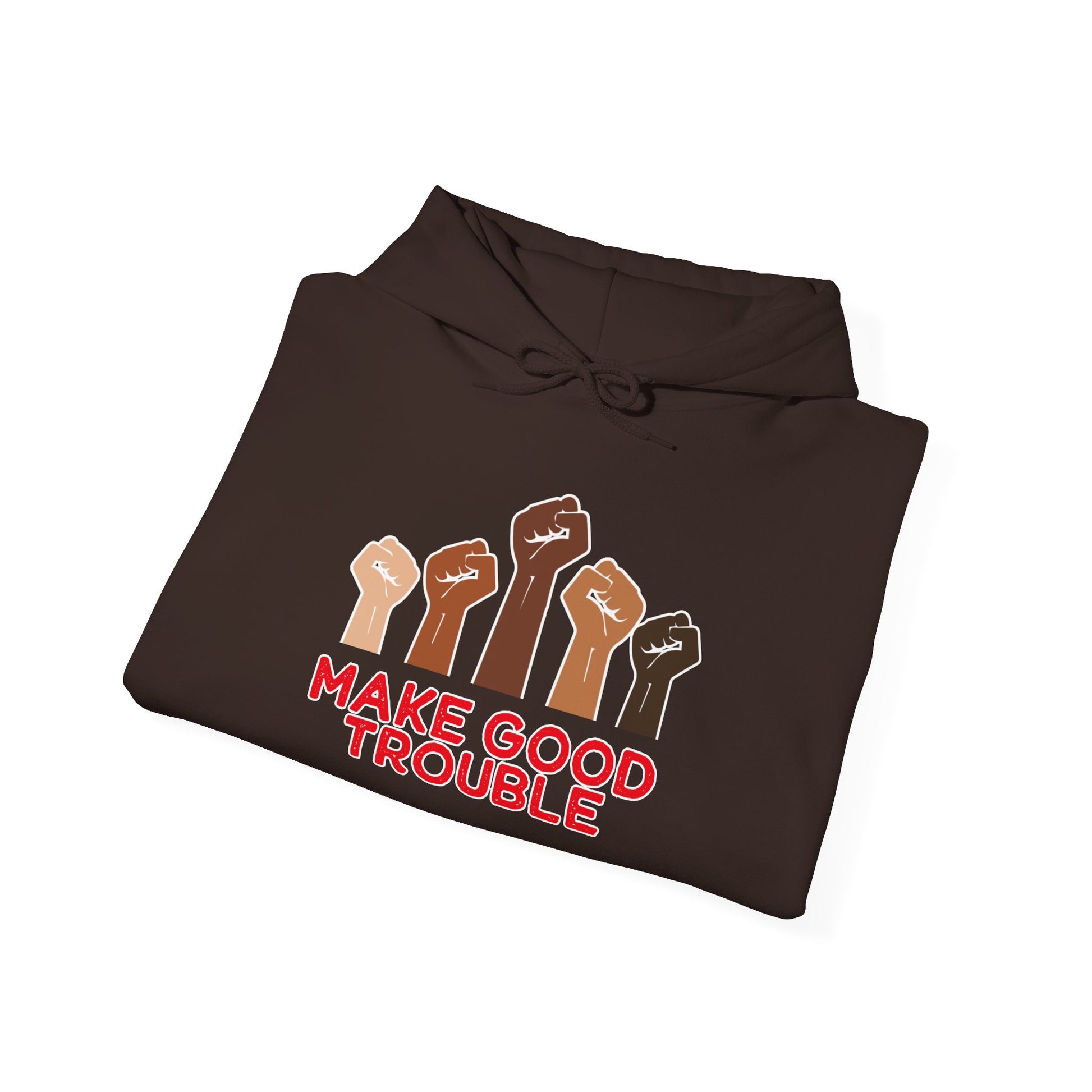 Folded brown hoodie with raised fists graphic and 'Make Good Trouble' text on a white background