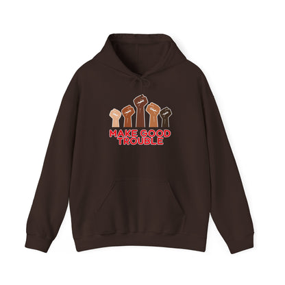 Brown hoodie with 'Make Good Trouble' text and raised fists design on a white background