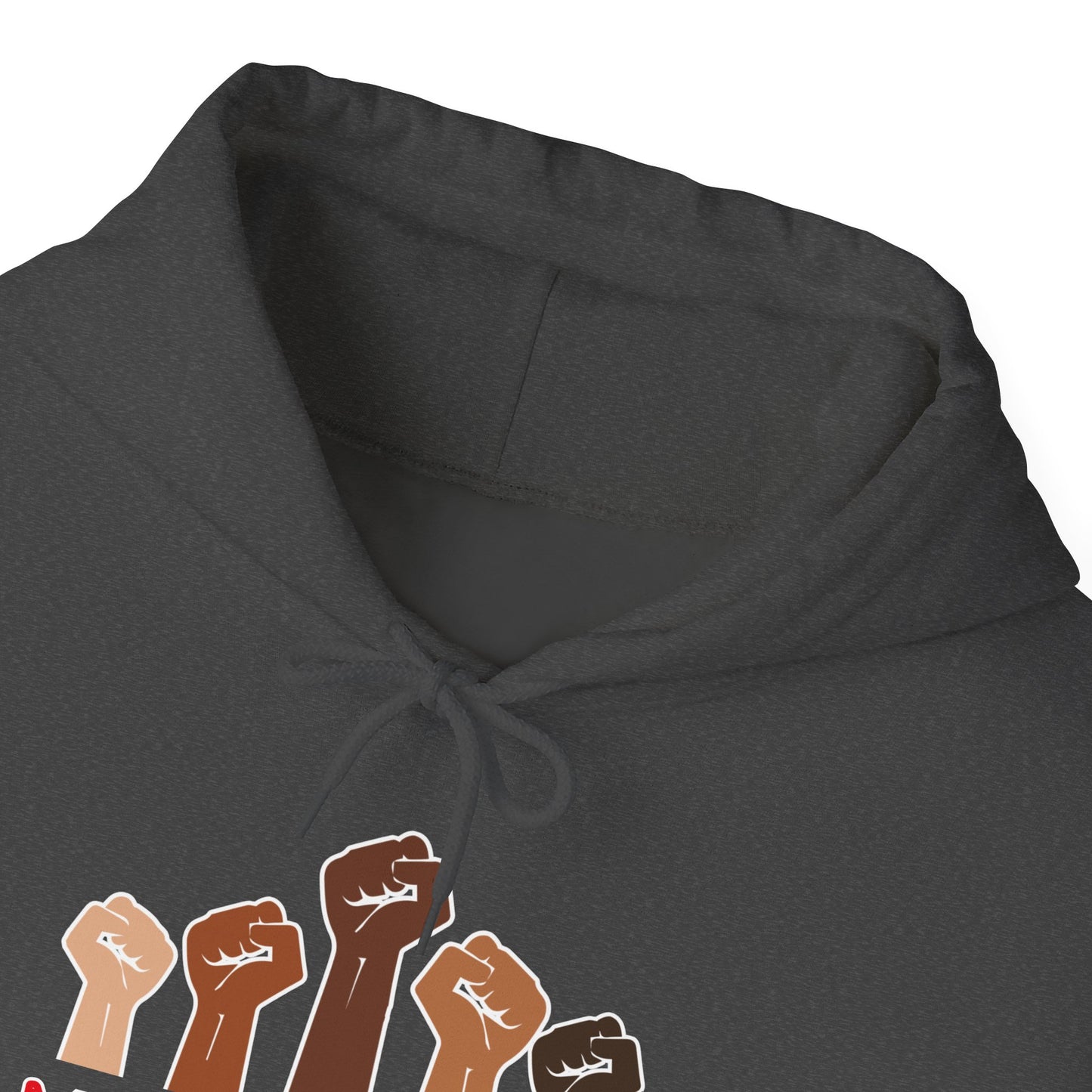 Dark gray hoodie with "Make good trouble" and a graphic of raised fists in various colors on a white background