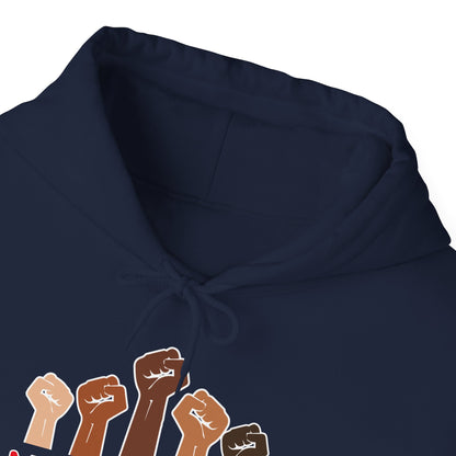 Navy blue hoodie with raised fists graphic on a white background