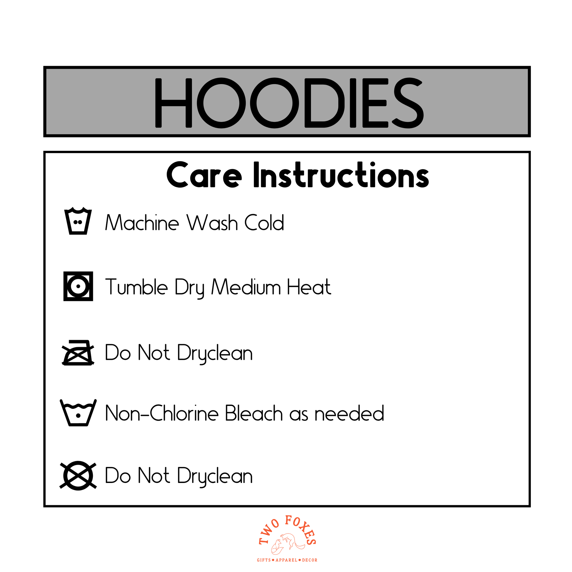 Care instructions label for hoodies with washing and drying symbols.