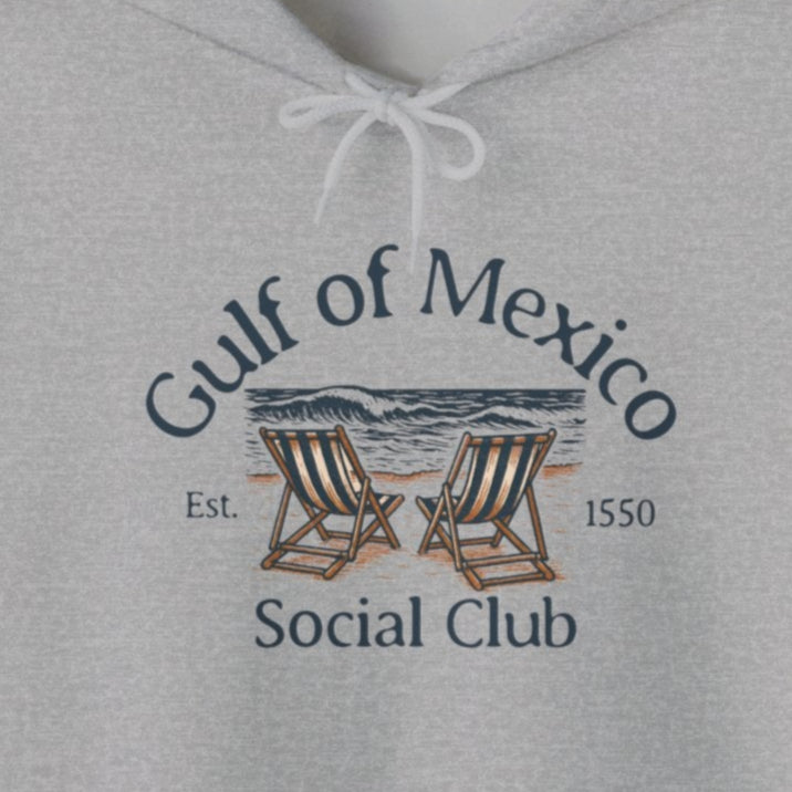Gulf of Mexico Hoodie in Sport Gray, front view with vintage beach chairs and waves graphic, unisex classic fit.