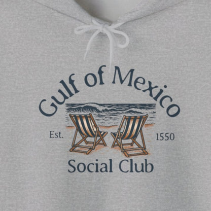 Gulf of Mexico Hoodie in Sport Gray, front view with vintage beach chairs and waves graphic, unisex classic fit.