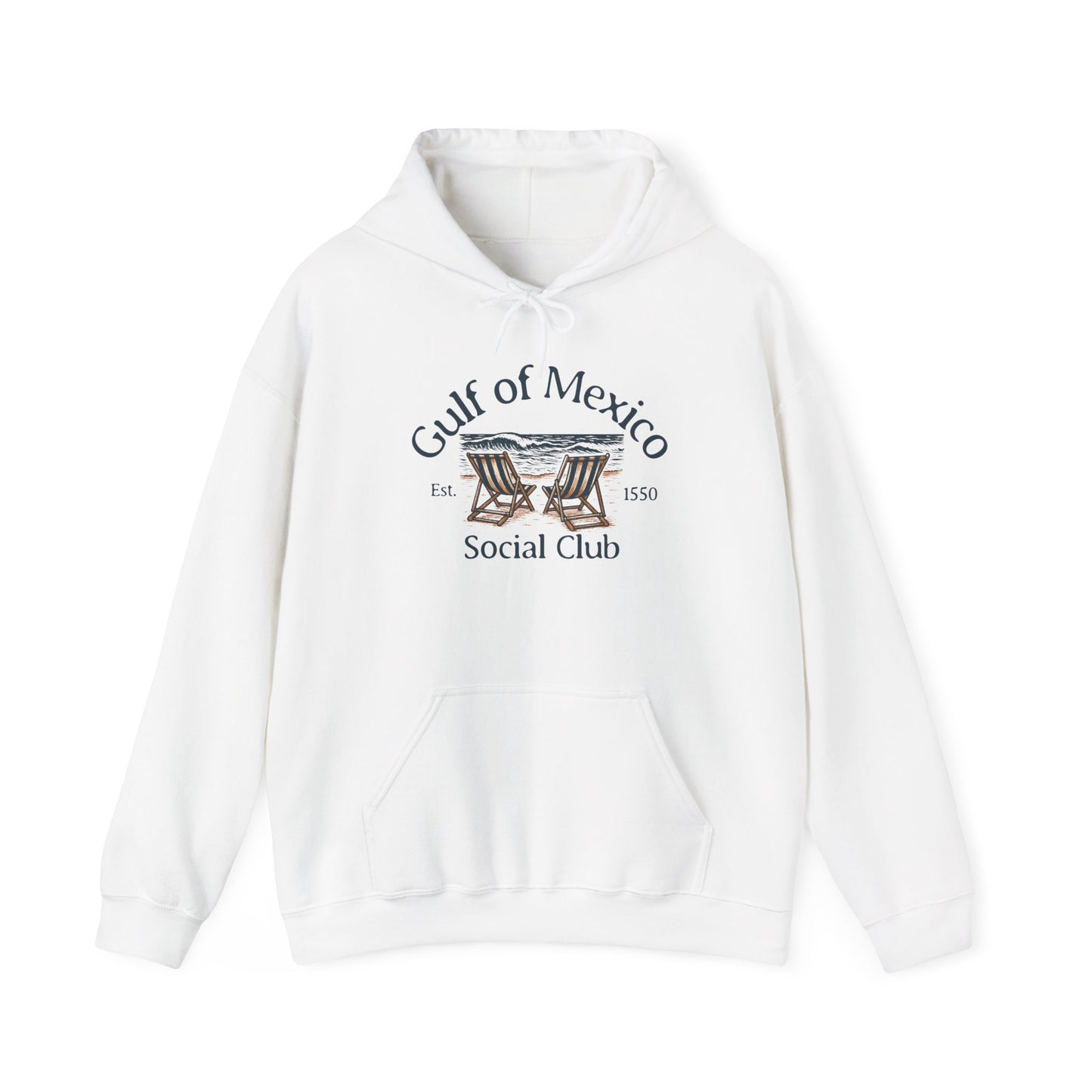 Gulf of Mexico Hoodie in White, front view with vintage beach chairs and waves graphic, unisex classic fit