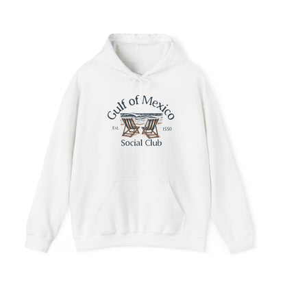 Gulf of Mexico Hoodie in White, front view with vintage beach chairs and waves graphic, unisex classic fit