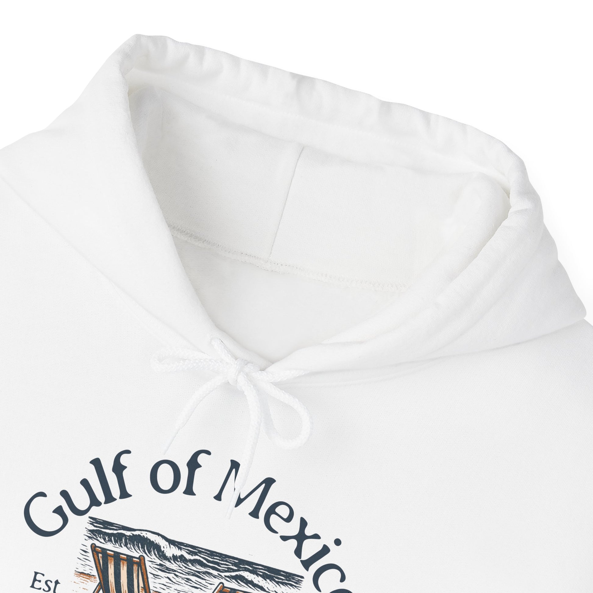 White hoodie with 'Gulf of Mexico' text and beach graphic on a white background with closeup of drawstring and double stitching