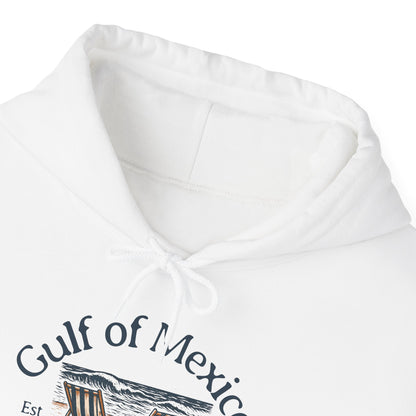 White hoodie with 'Gulf of Mexico' text and beach graphic on a white background with closeup of drawstring and double stitching