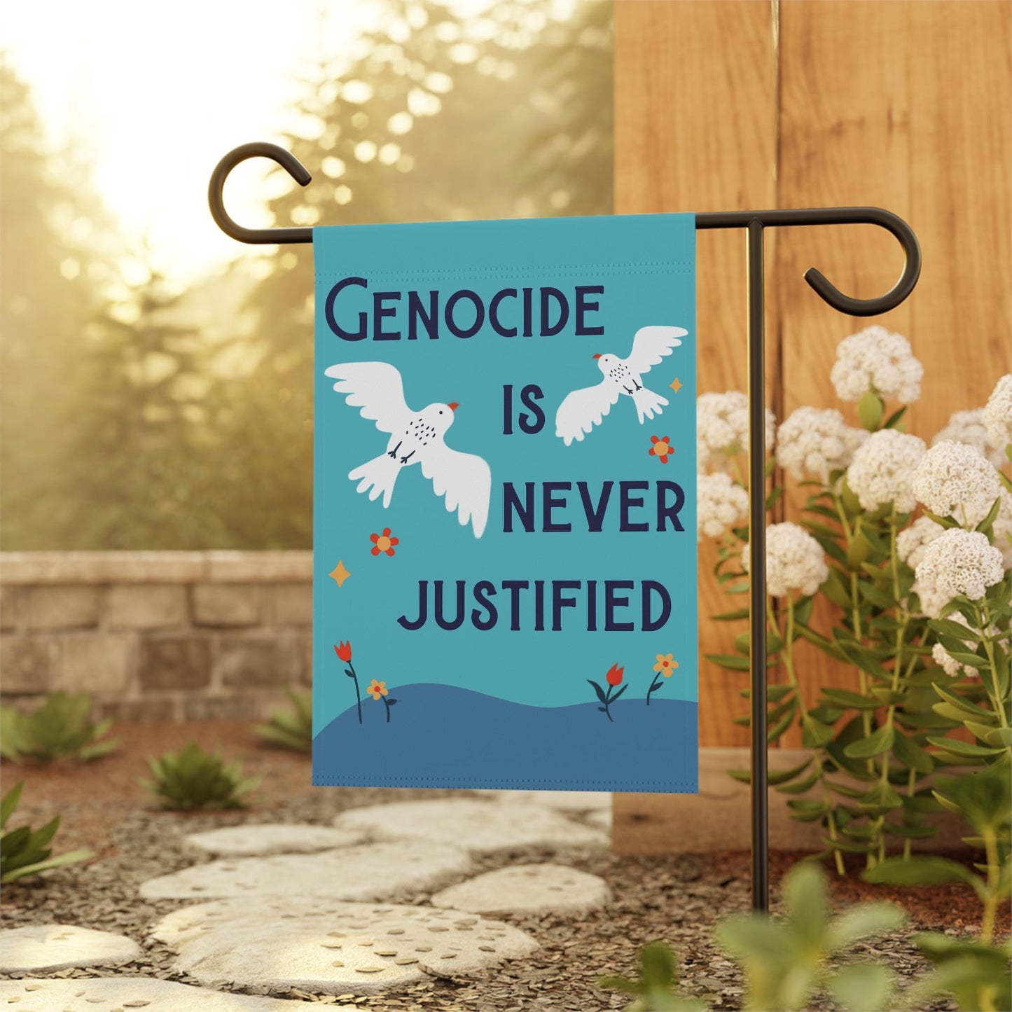 anti war flag no genocide is justified sign