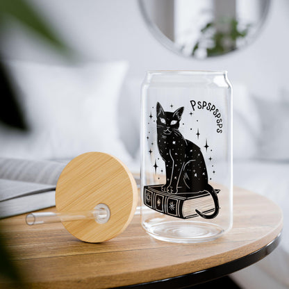 May include: A glass can with a black cat sitting on a book. The cat is covered in stars and the book has symbols on it. The can has the text &#39;PSPSPSPSPS&#39; on the side. The can has a bamboo lid with a straw sticking out of it.