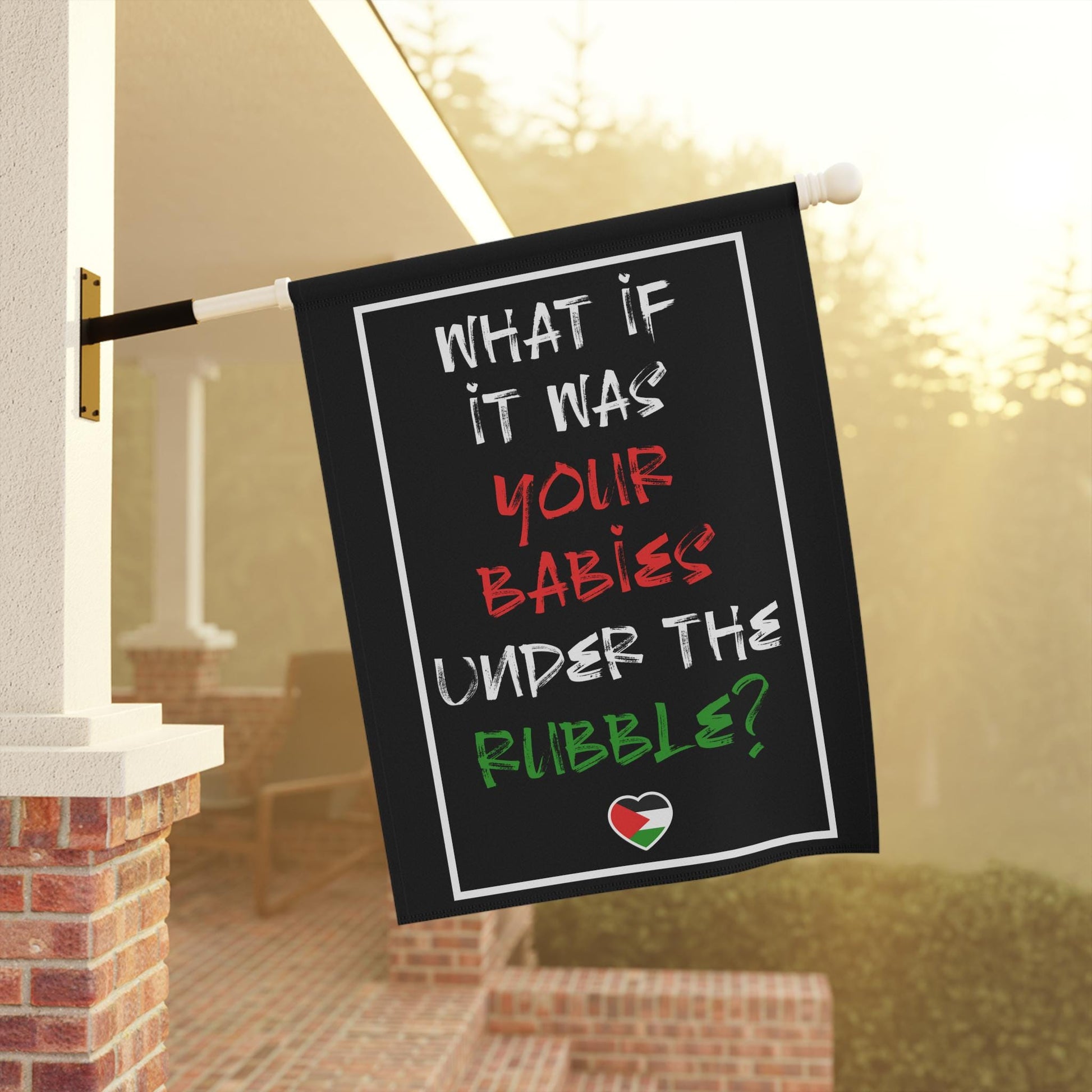 end the genocide garden banner stand with Gaza flag