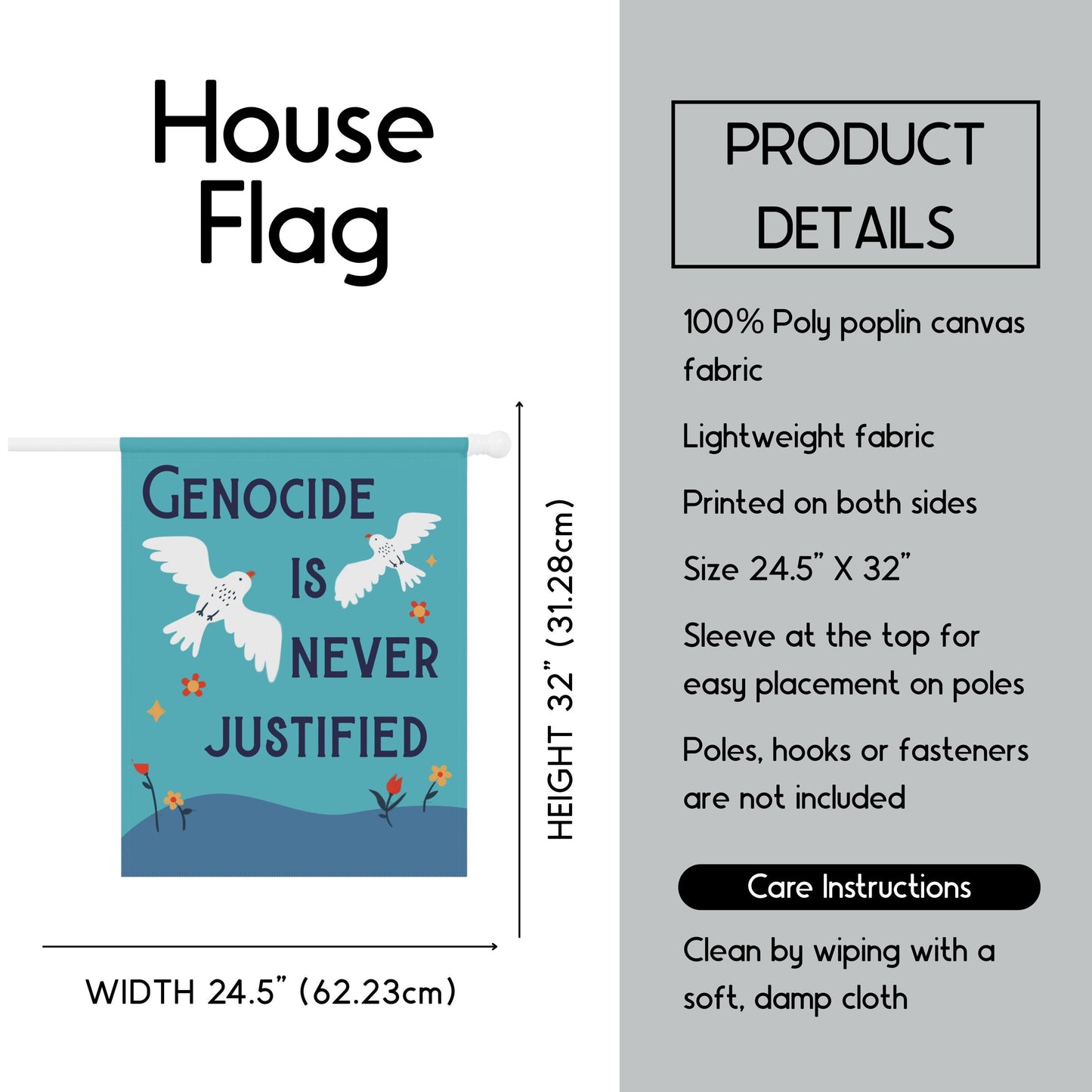 Anti genocide house flag pro Palestine garden banner anti war flag no genocide is justified sign human rights gift idea stand with Gaza flag
