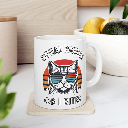 Equal Rights Or I Bites Feminist Ceramic Coffee Mug Childless Cat Lady Merch Equality Mug Equal Rights Coffee Cup Fuck The Patriarchy Mug